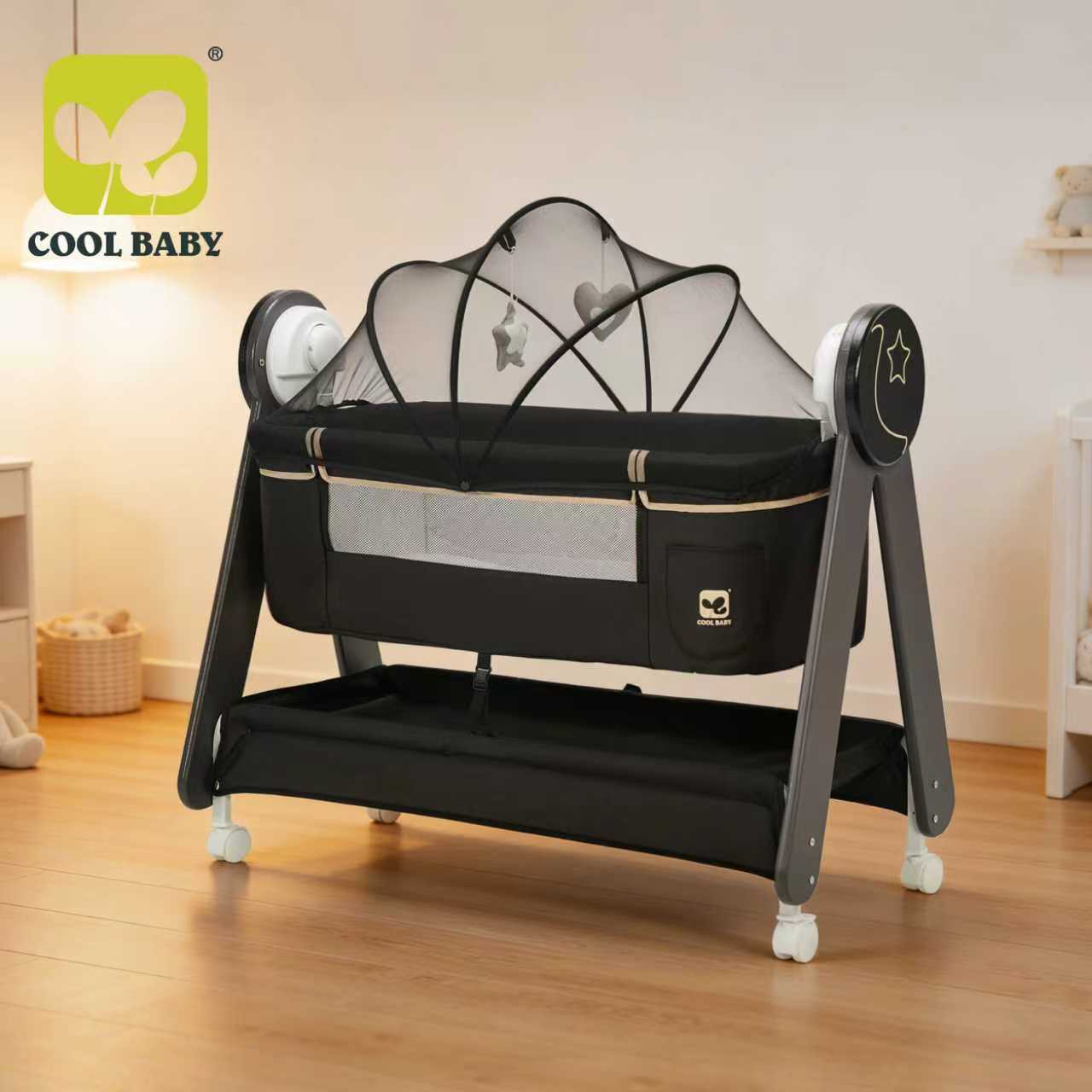 Cool Baby™ 3-in-1 Deluxe Electric Smart Bassinet – Automatic Rocking Cradle with Integrated Mosquito Net and Storage Tray